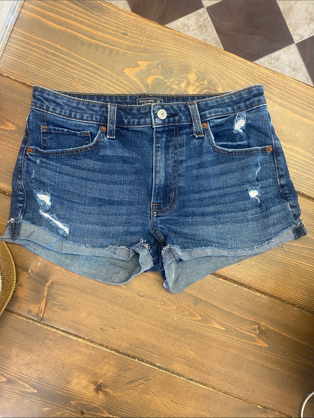 Abercrombie & Fitch Distressed Dark Blue Denim Roll-Cuff Shorts